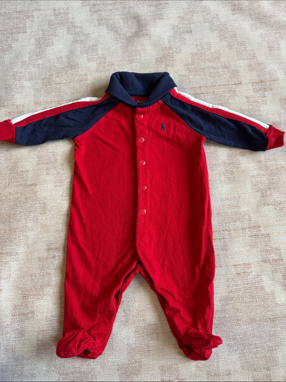 Ralph Lauren Baby Red Footed One-Piece with Navy Sleeves and Shawl Collar 3M